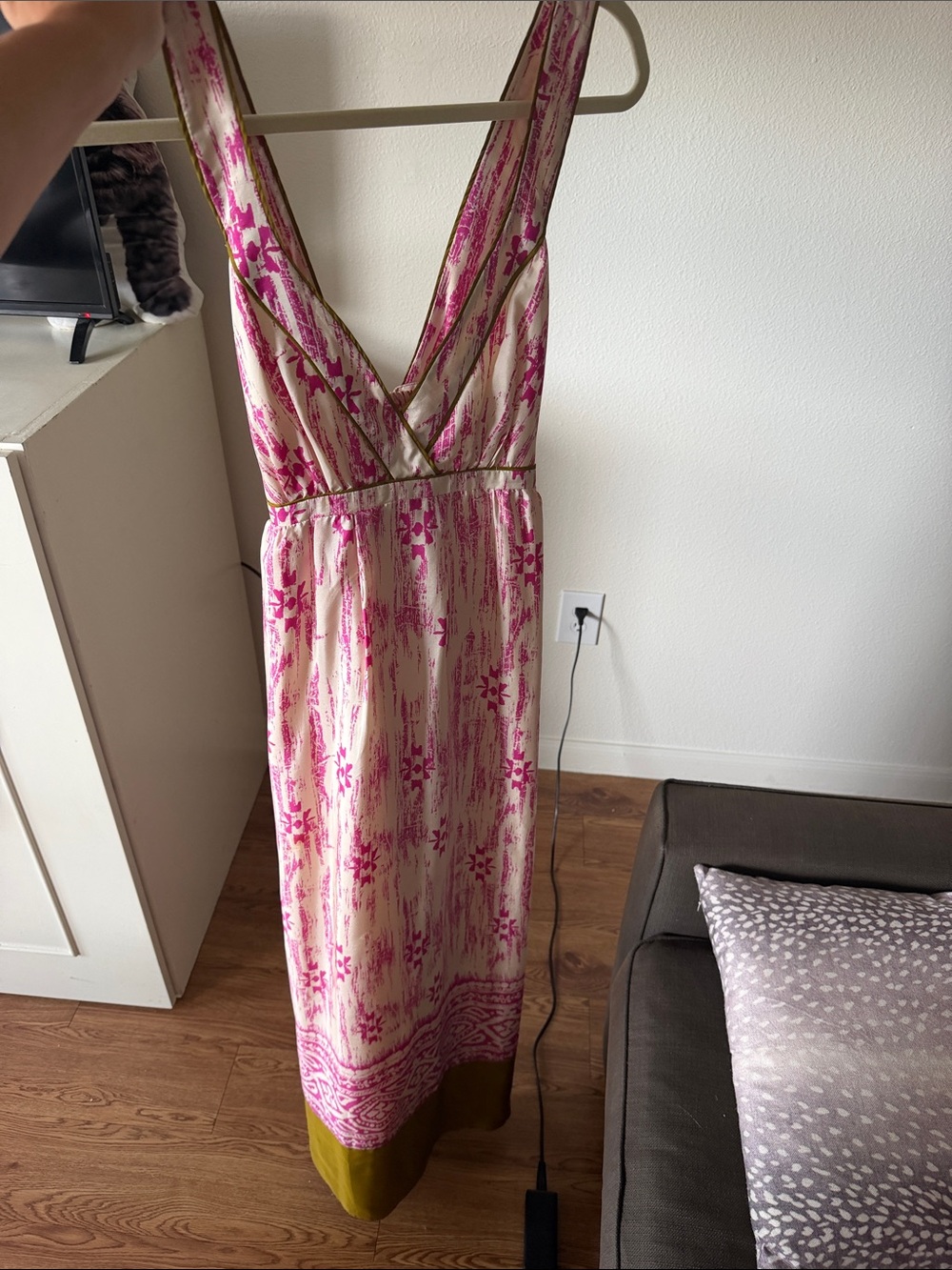 LOFT Pink Floral V-Neck Maxi Dress with Cream Background